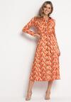 Pomarańczowa Sukienka Maxi z Wiązanym Paskiem i Geometrycznym Wzorem Annalea