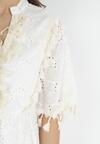 Biała Bawełniana Sukienka z Ażurowym Zdobieniem i Chwostami Adenthea
