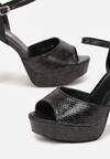 Czarne Sandały na Słupku i Platformie z Imitacją Skóry Węża Eirera