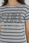 Szara Sukienka T-shirtowa z Nadrukiem z Cyrkoniami i Krótkim Rękawem Signa