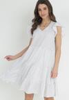 Biała Trapezowa Sukienka w Kropki z Falbankami Laphone
