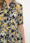Granatowo-Żółta Rozkloszowana Sukienka Maxi Koszulowa w Kwiaty Moonsee