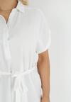 Biała Koszulowa Sukienka z Krótkim Rękawem i Wiązaniem w Pasie Mistie