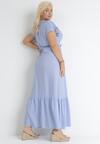 Niebieska Sukienka Maxi z Gumką w Pasie i Materiałowym Paskiem  Eisley