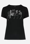 Czarny Bawełniany T-shirt z Krótkim Rękawem z Nadrukiem w Koty z Cekinami Canila
