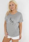 Szary Bawełniany T-shirt z Krótkim Rękawem z Nadrukiem w Koty z Cekinami Canila