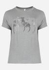 Szary Bawełniany T-shirt z Krótkim Rękawem z Nadrukiem w Koty z Cekinami Canila