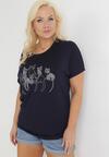Granatowy Bawełniany T-shirt z Krótkim Rękawem z Nadrukiem w Koty z Cekinami Canila