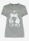 Miętowy T-shirt Typu Nietoperz z Błyszczącym Nadrukiem z Kotami Iriana