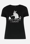 Czarny T-shirt z Błyszczącym Nadrukiem Kotka Shanaia