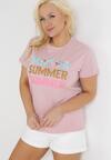 Różowy Bawełniany T-shirt z Kolorowymi Napisami Summer
