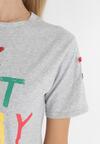 Szary Bawełniany T-shirt z Kolorowymi Taśmami i Napisem Leoponi