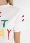 Biały Bawełniany T-shirt z Kolorowymi Taśmami i Napisem Leoponi