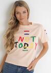 Jasnoróżowy Bawełniany T-shirt z Kolorowymi Taśmami i Napisem Leoponi