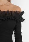 Czarna Sukienka Mini z Marszczonej Tkaniny z Hiszpańskim Dekoltem Kaarlo