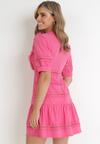 Różowa Taliowana Sukienka Mini z Koronkowymi Wstawkami i Bufiastymi Rękawami Tesalin