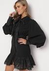 Czarna Koszulowa Sukienka Mini z Ozdobnym Wiązaniem i Szerokimi Mankietami Jeilana