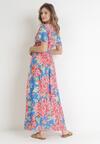 Niebiesko-Różowa Kopertowa Sukienka Maxi z Gumką w Pasie w Kwiaty z Wiskozy Aryna
