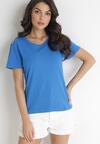 Niebieski Gładki T-shirt z Bawełny z Krótkim Rękawem Charise