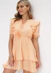Pomarańczowa Rozkloszowana Sukienka Mini z Gumką w Talii i Koronkowymi Wstawkami Kiva