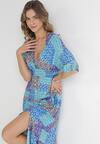 Niebieska Wiskozowa Sukienka Maxi z Gumkami w Pasie i Abstrakcyjnym Wzorem Zamania