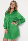 Zielona Koszulowa Sukienka Mini ze Ściągaczem w Pasie i Podpinanymi Rękawami Claira