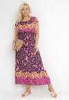 Fioletowo-Granatowa Bawełniana Sukienka Maxi z Hiszpańskim Dekoltem i Gumkami w Talii Abagal