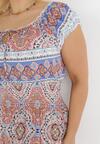 Niebiesko-Różowa Bawełniana Sukienka Maxi we Wzory z Hiszpańskim Dekoltem i Gumkami w Talii Teena