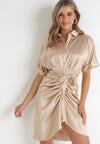 Beżowa Koszulowa Sukienka z Wiązanym Paskiem Kathana