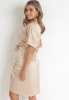Beżowa Koszulowa Sukienka z Wiązanym Paskiem Kathana
