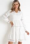 Biała Sukienka Mini z Koronkowymi Wstawkami i Rozkloszowanym Dołem Femona