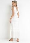 Biała Koronkowa Sukienka Maxi z Głębokim Dekoltem i Ozdobnym Wiązaniem Nohia