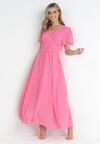 Różowa Kopertowa Sukienka Maxi z Gumką w Pasie Narlin