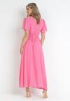 Różowa Kopertowa Sukienka Maxi z Gumką w Pasie Narlin