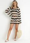 Czarno-Biała Ażurowa Tunika Narzutka w Paski z Wiązaniem na Plecach Nicolita