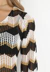 Czarno-Biała Ażurowa Tunika Narzutka w Paski z Wiązaniem na Plecach Nicolita