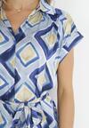 Niebieska Koszulowa Sukienka Midi z Geometrycznym Wzorem i Materiałowym Paskiem Eugenania