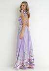Fioletowa Sukienka Maxi na Ramiączkach z Cienkimi Gumkami i Plisowanym Dołem Sidona