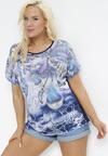 Granatowy T-shirt z Krótkimi Rękawami Typu Nietoperz i Cyrkoniami Felicita