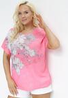 Fuksjowy T-shirt Ozdobiony Cyrkoniami i Nadrukiem w Kwiaty Mollin