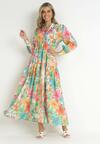 Zielona Rozkloszowana Sukienka Maxi z Gumką w Talii w Kwiaty Tanak