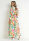 Zielona Rozkloszowana Sukienka Maxi z Gumką w Talii w Kwiaty Tanak