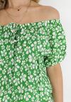 Zielona Rozkloszowana Sukienka Mini z Hiszpańskim Dekoltem i Gumką w Talii z Wiskozy Jassinta
