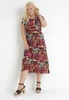 Ciemnoróżowa Sukienka Midi z Gumką w Pasie w Abstrakcyjny Wzór Casmalia