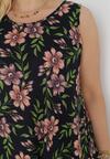 Granatowo-Beżowa Trapezowa Sukienka Bez Rękawów w Kwiaty Chatasia