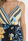 Czarno-Niebieska Sukienka Maxi w Kwiatowy Wzór na Ramiączkach Brixle