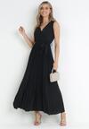 Czarna Plisowana Sukienka Maxi z Gumką w Pasie i Materiałowym Paskiem Biak
