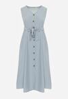 Jasnoniebieska Trapezowa Sukienka z Wiązanym Paskiem Brystia