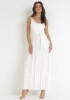Biała Wiskozowa Sukienka Maxi na Ramiączkach z Falbankami Rosienda