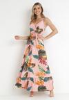 Różowa Sukienka Maxi w Roślinny Wzór z Gumką w Pasie Karsina